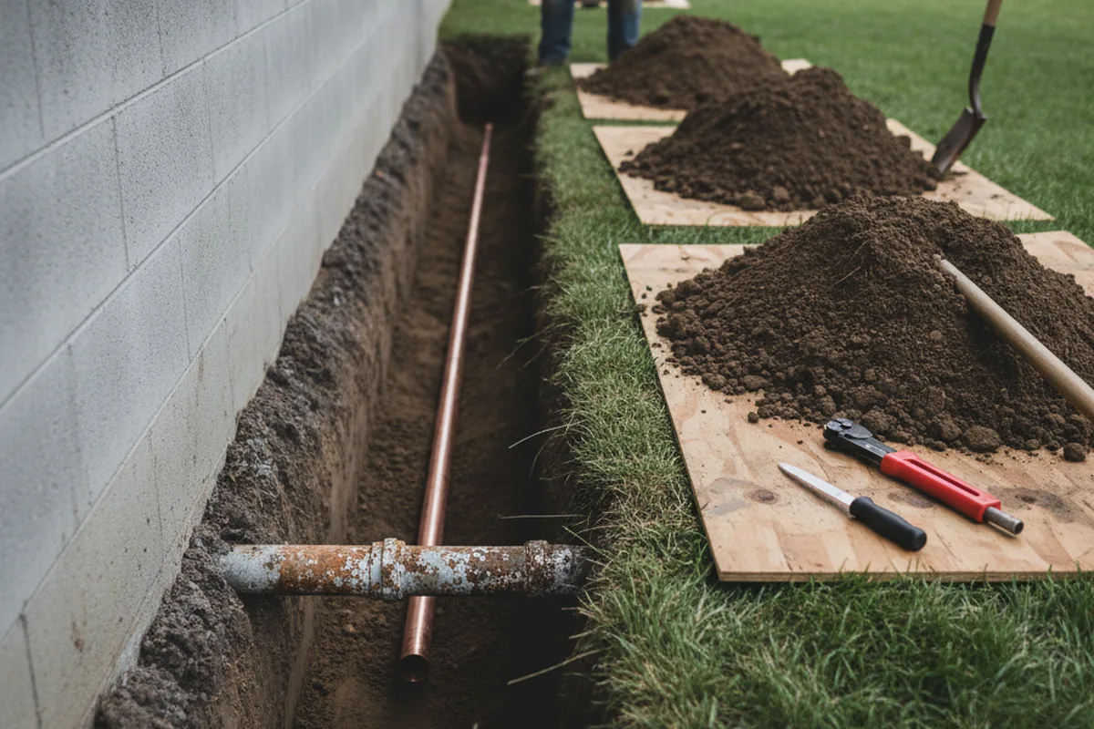 Excavated water line trench during Sewer Line Repair in Forest City
